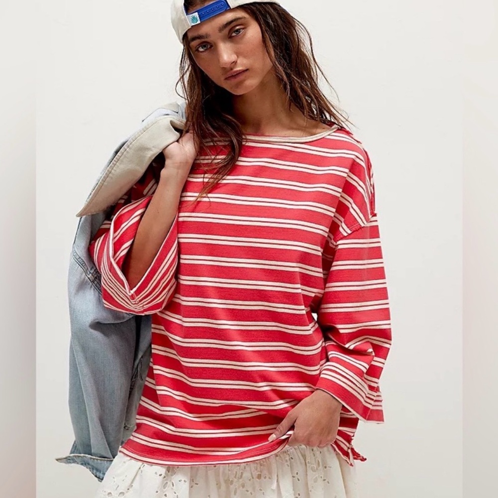 Free People C'est La Vie Tee in Red Combo NWOT Size Medium